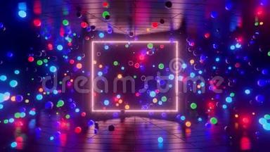 3D抽象创意动画背景与霓虹灯发光多色球体内部相机，反射墙壁。 发光